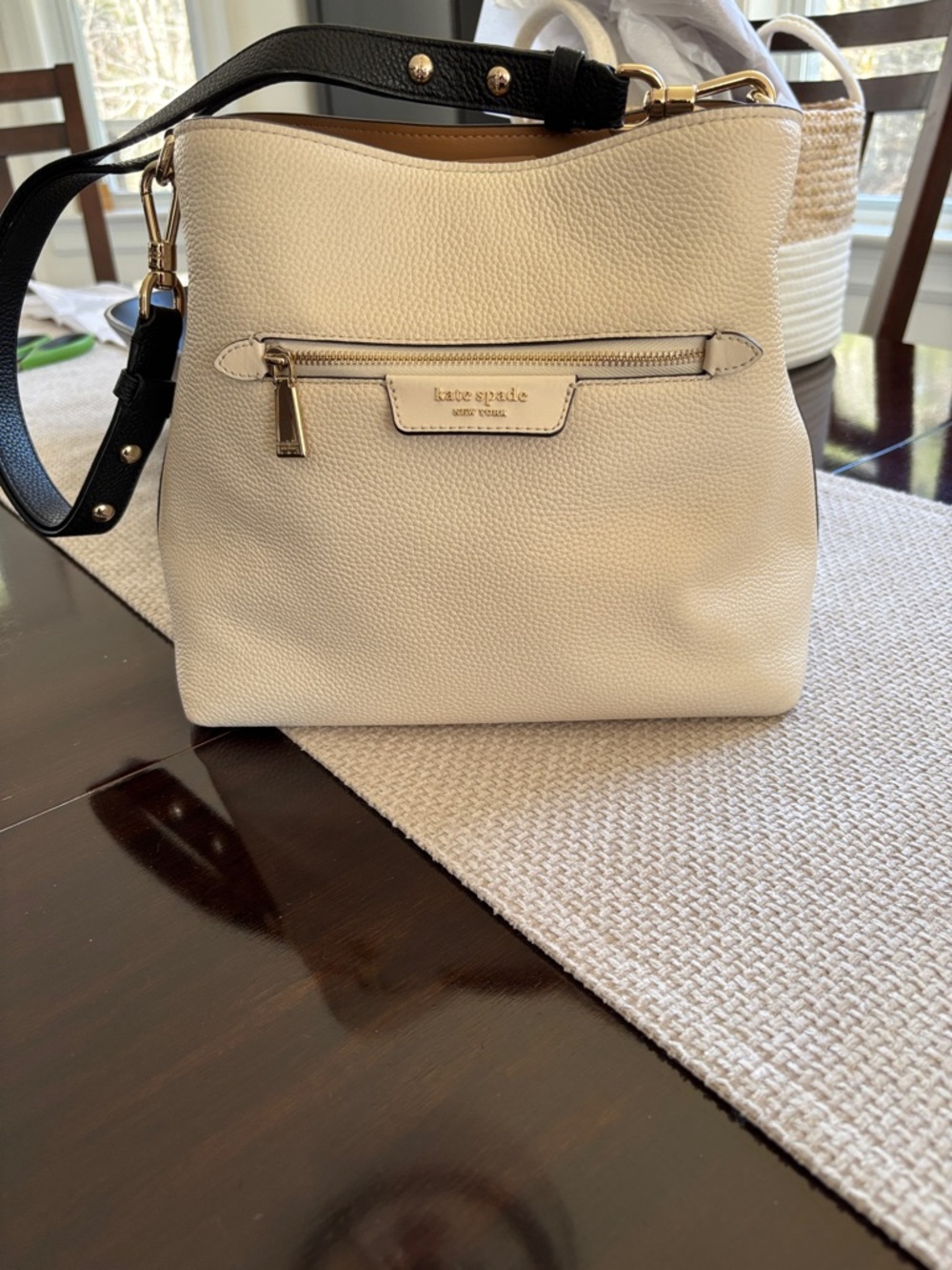 kate spade Cream Pebbled Leather Shoulder/Crossbody Bag with Black Strap